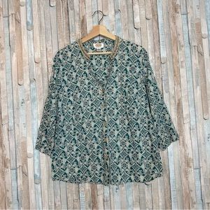 Talbots Plus 1X Teal Boho Print Beaded Top Blouse Lightweight Cotton Summer
